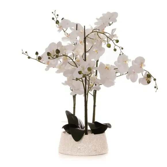 Artificial Orchid Plant - White, Terrazzo Pot