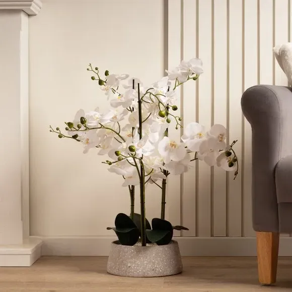 Artificial Orchid Plant - White, Terrazzo Pot image