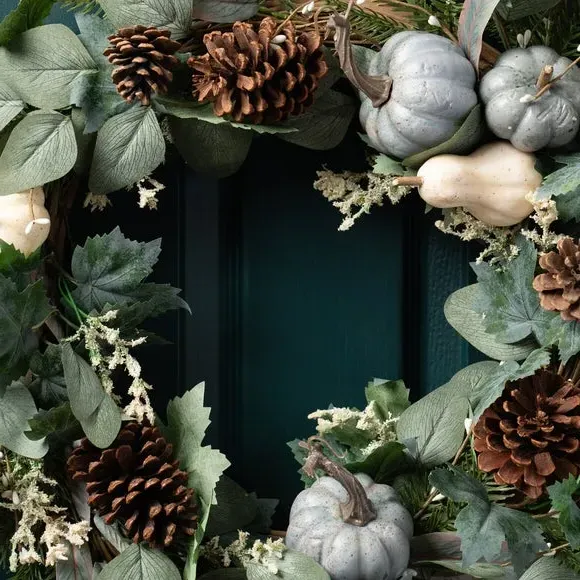 Artificial Pumpkin Wreath - Green, Mixed Foliage
