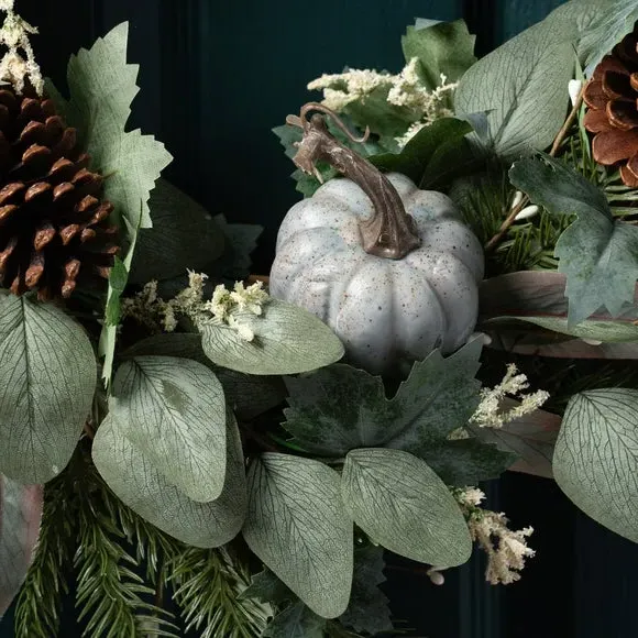 Artificial Pumpkin Wreath - Green, Mixed Foliage