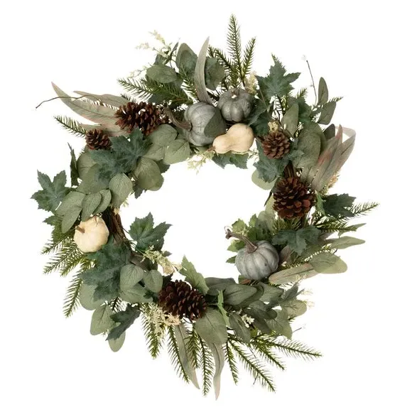 Artificial Pumpkin Wreath - Green, Mixed Foliage