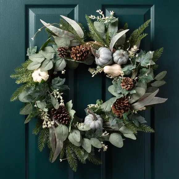 Artificial Pumpkin Wreath - Green, Mixed Foliage image
