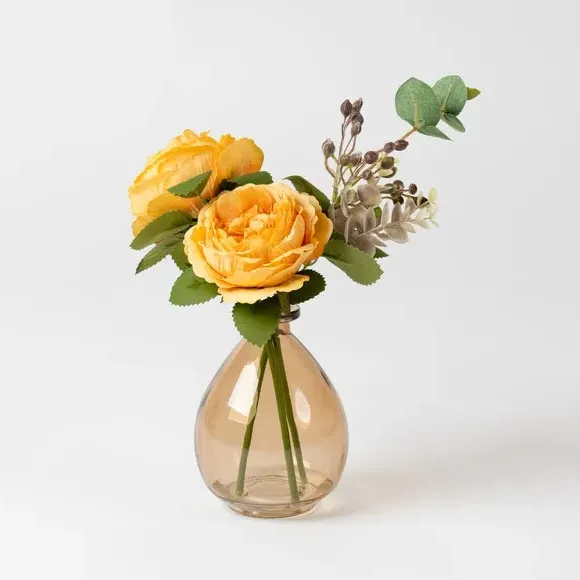 Artificial Rose Arrangement - Yellow, Glass Vase