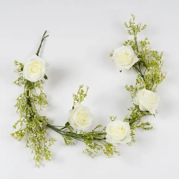Artificial Rose Garland with Gypsophila - White