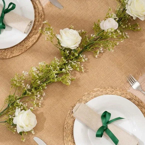 Artificial Rose Garland with Gypsophila - White