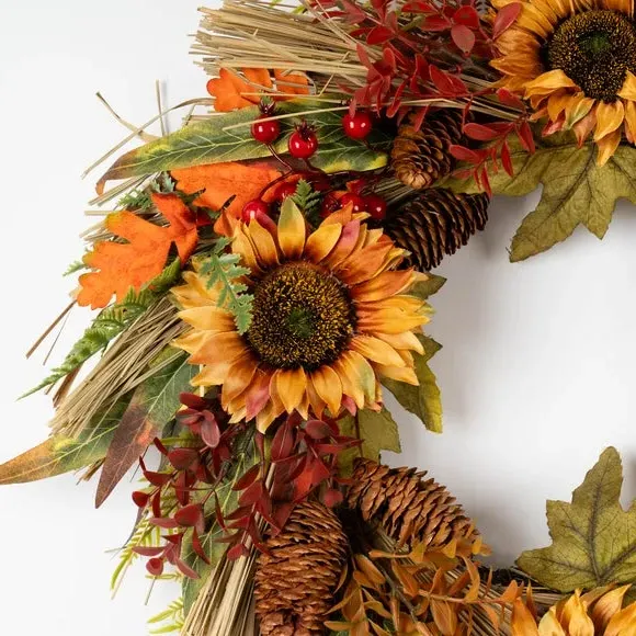 Artificial Sunflower Wreath - Orange, Mixed Foliage