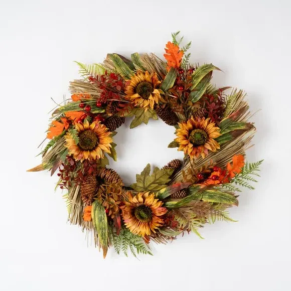 Artificial Sunflower Wreath - Orange, Mixed Foliage