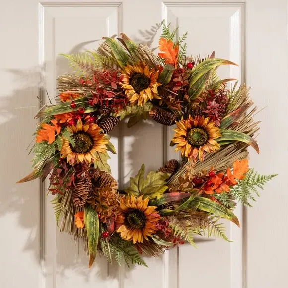 Artificial Sunflower Wreath - Orange, Mixed Foliage image