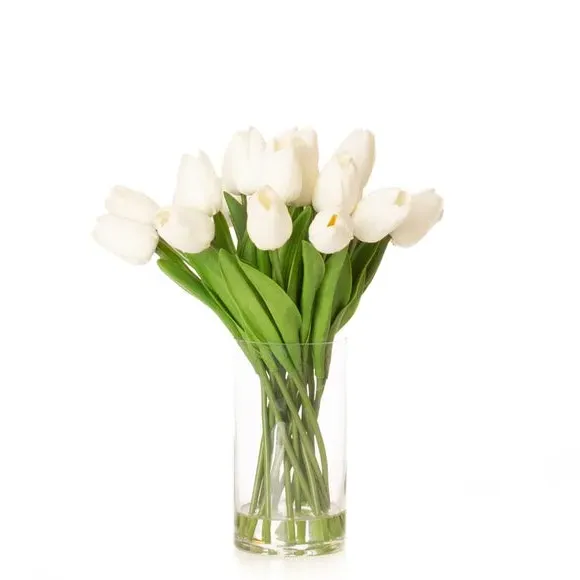 Artificial Tulips in Glass Vase - White