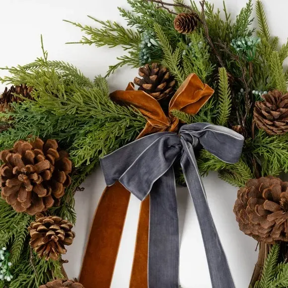 Artificial Wreath with Metallic Ribbons - Brown