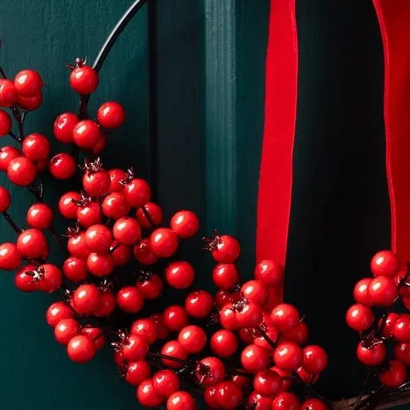 Berry Ring Wreath with Velvet Bow - Red