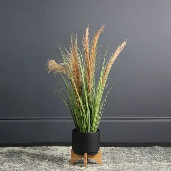 Ceramic Plant Pot on Wooden Stand - Black