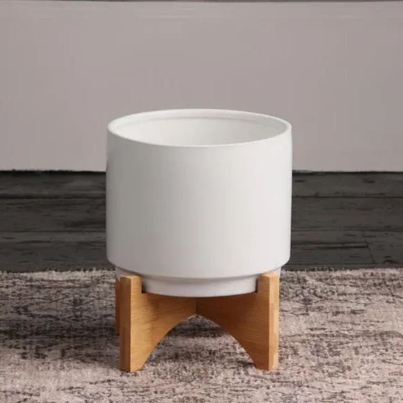 Ceramic Plant Pot on Wooden Stand - White