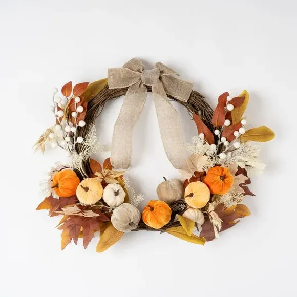 Half Wreath with Pumpkins & Bow - Multicolor