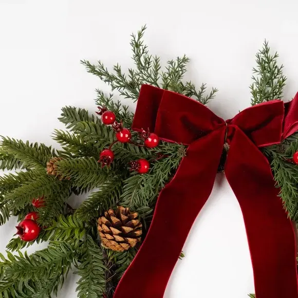 Half Wreath with Velvet Bow - Red, Artificial