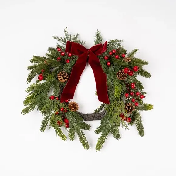 Half Wreath with Velvet Bow - Red, Artificial