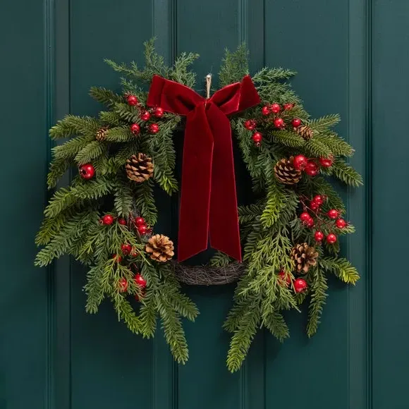 Half Wreath with Velvet Bow - Red, Artificial