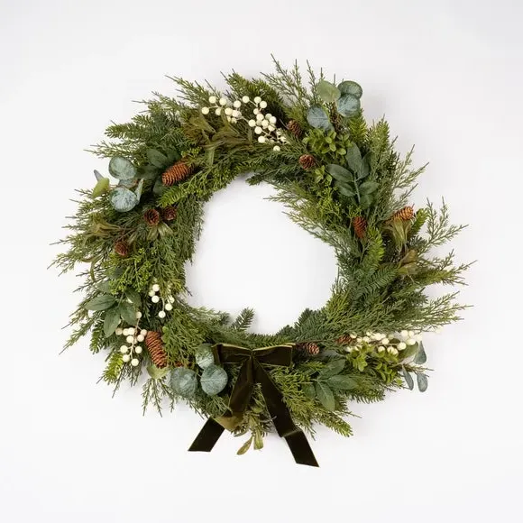Large Artificial Wreath with Velvet Bow - Green