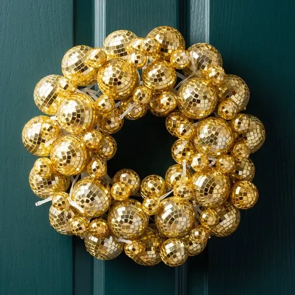 Light-Up Disco Ball Wreath - Gold, Mirror