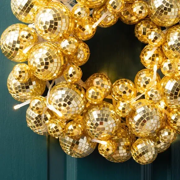 Light-Up Disco Ball Wreath - Gold, Mirror