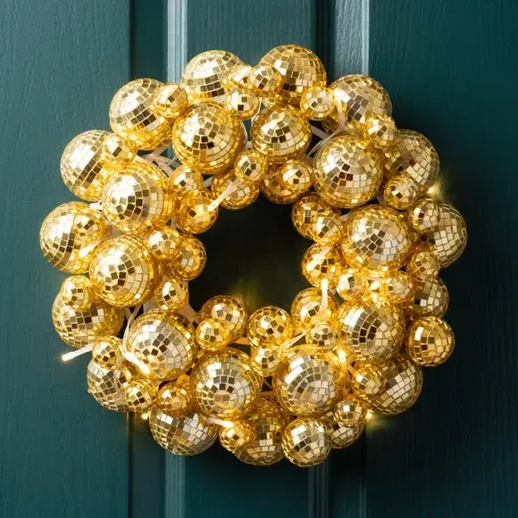 Light-Up Disco Ball Wreath - Gold, Mirror