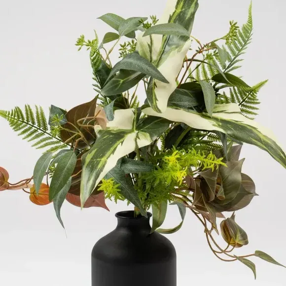 Mixed Leaves Bouquet with Vase - Green, Artificial