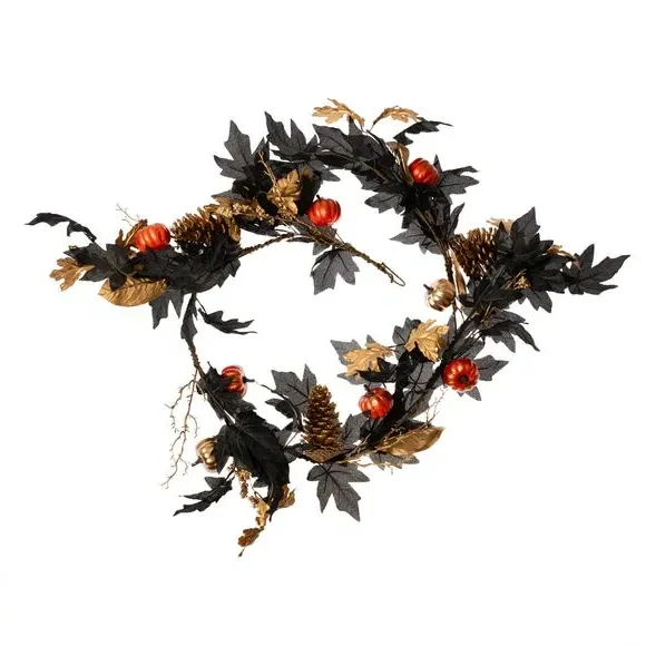 Pumpkin Garland with Wreath Feature - Black, Gold