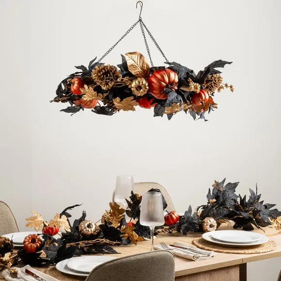 Pumpkin Garland with Wreath Feature - Black, Gold