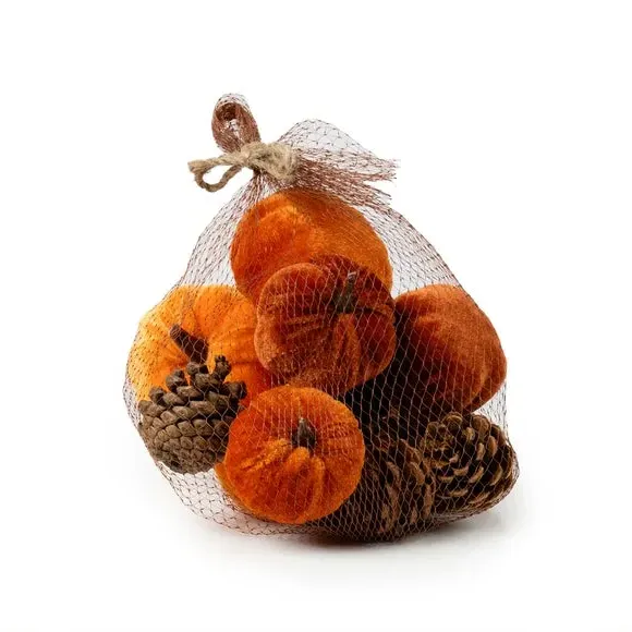 Pumpkin & Pinecone Ornament Set - Orange, Velvet