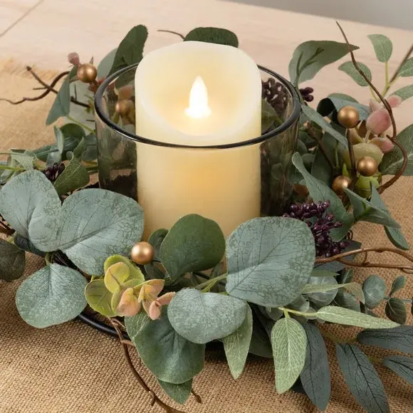Round Candle Holder with Eucalyptus - Green, Glass
