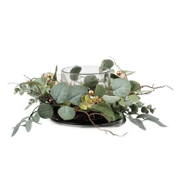 Round Candle Holder with Eucalyptus - Green, Glass