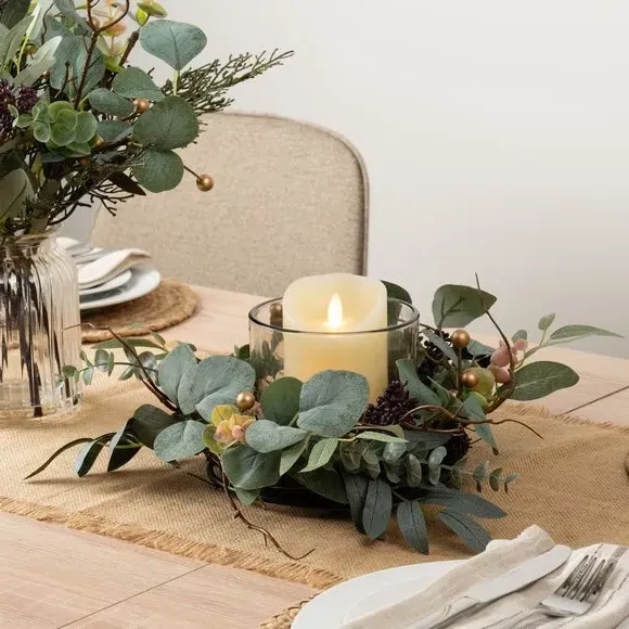Round Candle Holder with Eucalyptus - Green, Glass image