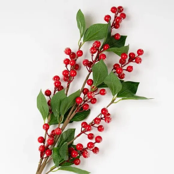 Set of 3 Pre-Lit Berry Stems - Red, Artificial