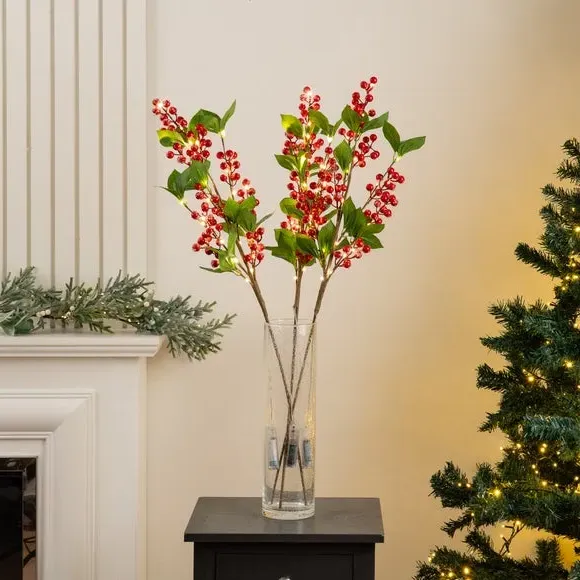 Set of 3 Pre-Lit Berry Stems - Red, Artificial