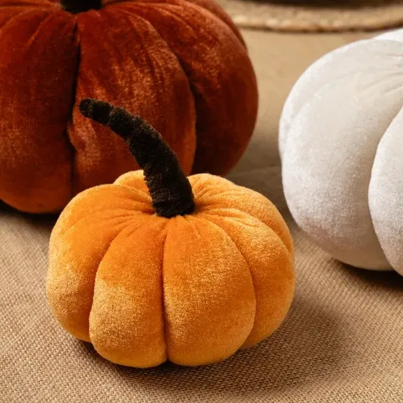 Set of 3 Pumpkin Ornaments - Orange, Velvet