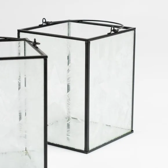 Set of 3 Star Etched Lantern Holders - Black, Glass