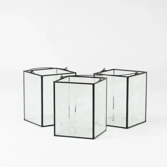 Set of 3 Star Etched Lantern Holders - Black, Glass