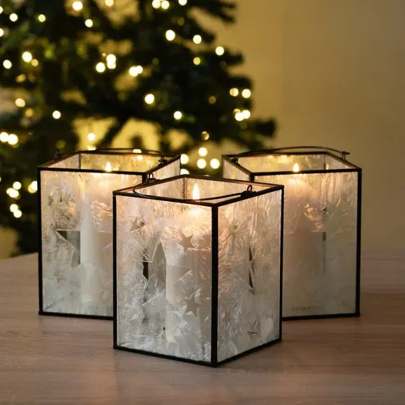 Set of 3 Star Etched Lantern Holders - Black, Glass image