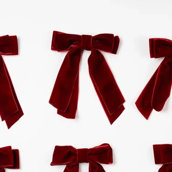 Set of 6 Bow Clip Decorations - Red, Velvet