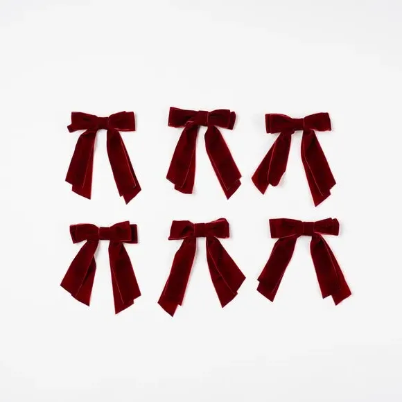 Set of 6 Bow Clip Decorations - Red, Velvet