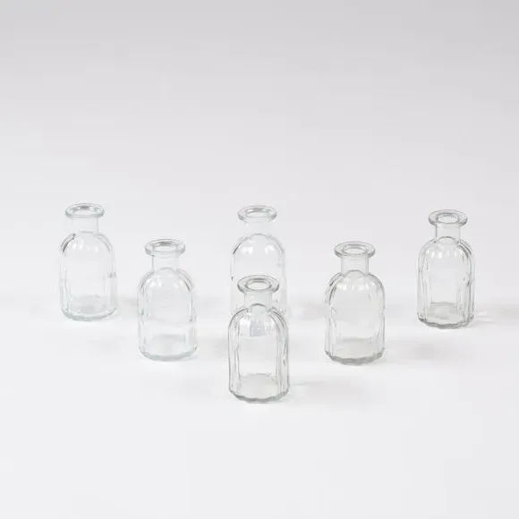 Set of 6 Bud Vases - Clear, Ribbed Glass