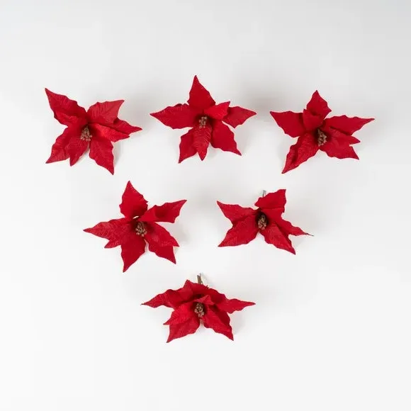 Set of 6 Poinsettia Clip Decorations - Red