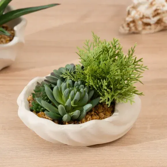 Shell Plant Pot with Artificial Succulent - Green