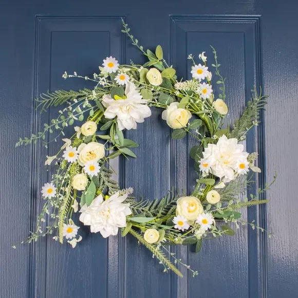 Spring Floral Wreath - White, Artificial