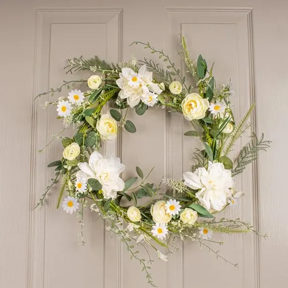 Spring Floral Wreath - White, Artificial image