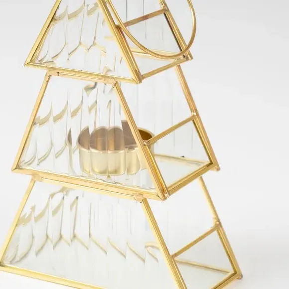 Tree Candle Holder - Gold, Ribbed Glass