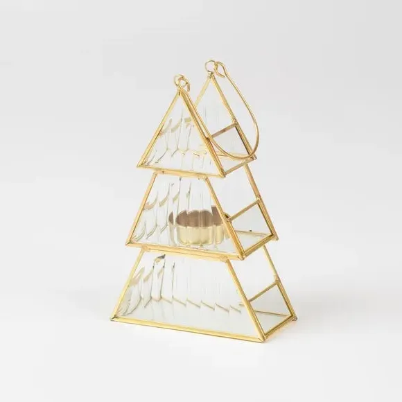 Tree Candle Holder - Gold, Ribbed Glass