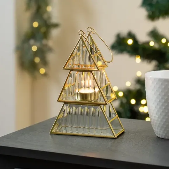 Tree Candle Holder - Gold, Ribbed Glass image