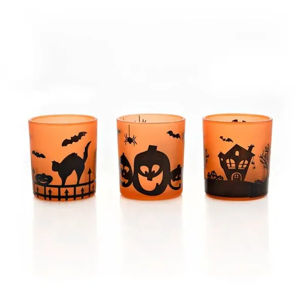 Set of 3 Tealight Holders Halloween - Orange, Glass