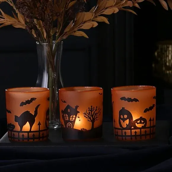 Set of 3 Tealight Holders Halloween - Orange, Glass image